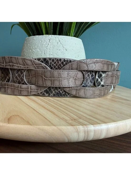 Chicos Belt M Brown Croc Embossed Faux Leather Belt With Snake Print Accents - Picture 9 of 16